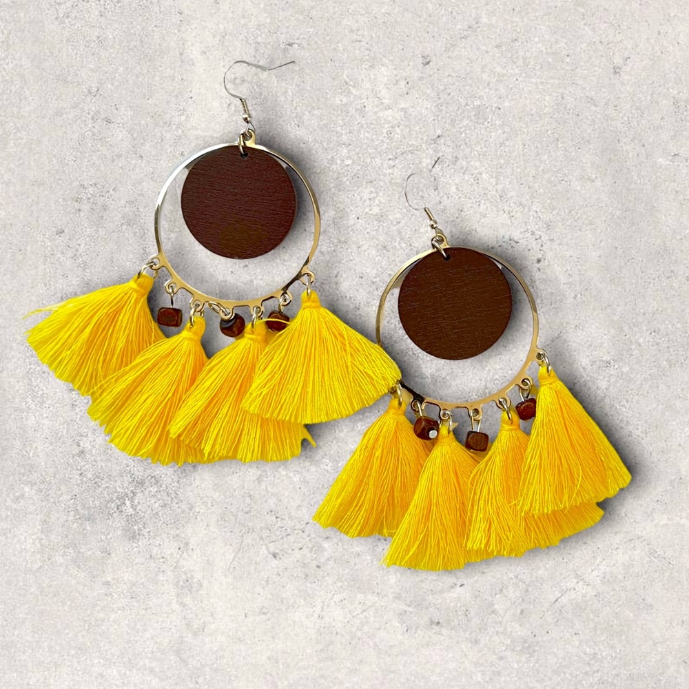 Tassel Earrings, Yellow Boho Tribal Hoop Earrings